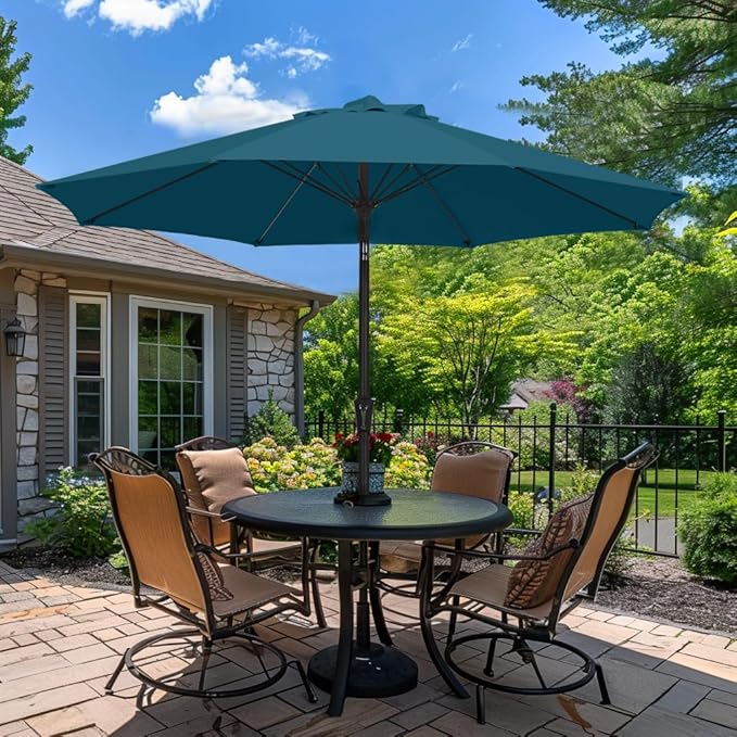 PatioKingdom 9FT Patio Outdoor Umbrella-UPF 50+ Sun Shade with Wind Vent, Push-Button Tilt & Smooth Crank Lift, Rust-Resistant Fiberglass Frame for Garden, Backyard,Yard (Lake Blue, 9FT)