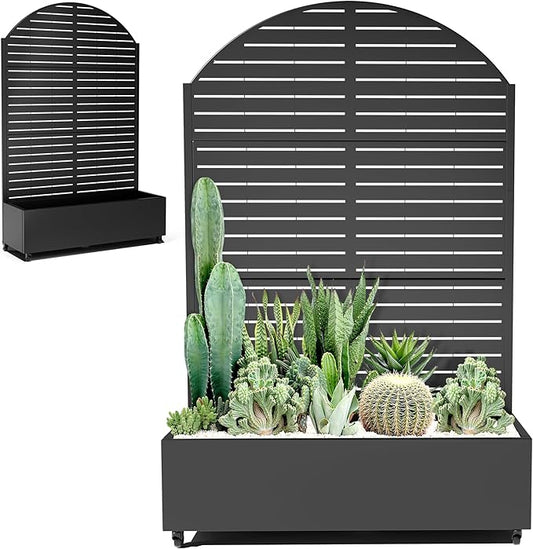 Metal Planter Box with Trellis for Climbing Plants Vegetables, Raised Garden Beds with Privacy Screen & Wheels, Standing Flower Box with Drainage Holes (47" L, Black Arch)