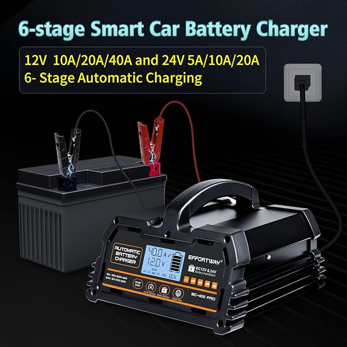 40A Battery Charger, 12V/24V Lead Acid Charger, 12V LiFePO4 Charger. Smart Battery Charger with Trickle Charge.Car Battery Maintainer with LCD Display. Suitable for Trucks,AMG,Motorcycles