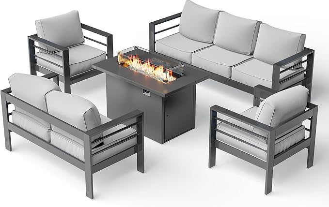UDPATIO 6 Piece Aluminum Patio Furniture Set with Aluminum Fire Pit Table,Mordern Outdoor Furniture Set with Water-Proof Cover Included, Grey