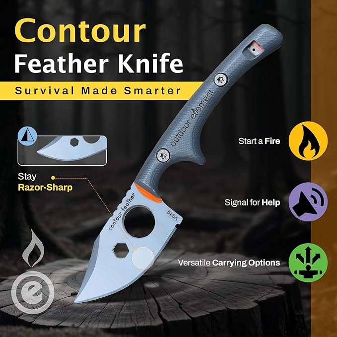 OUTDOOR ELEMENT Contour Feather Survival Knife + Natural Fire Starter Kit – VG10 Steel Fixed Blade with Ferro Rod, Hex Driver, Whistle & Waterproof Tinder Tin – Ultimate Camping & Survival Gear Set