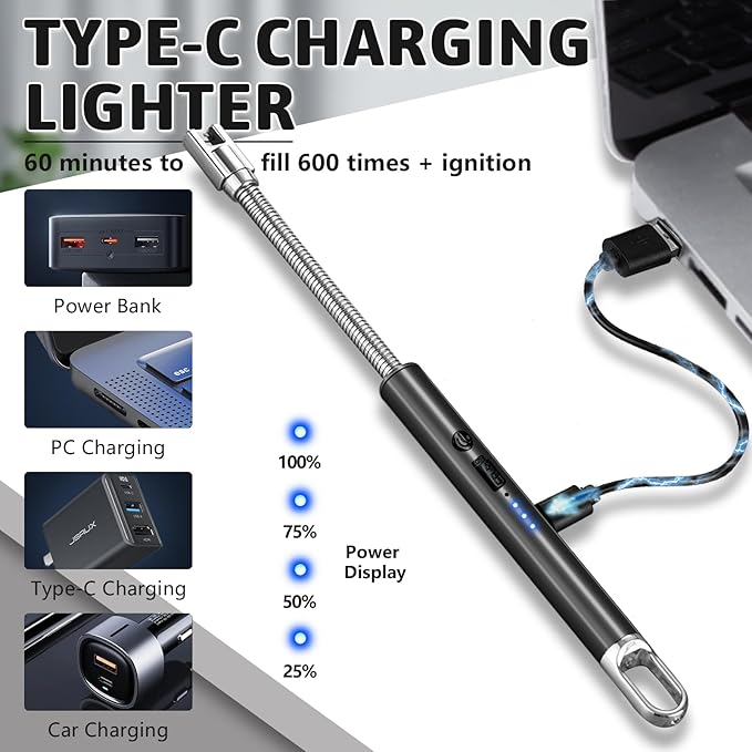 2 PCS Electric Lighter, Candle Lighter Arc Windproof Flame-Less with 360° Flexible Neck & LED Power Display, Type-C Rechargeable for BBQ, Grill, Camping, Fireplace, Stove