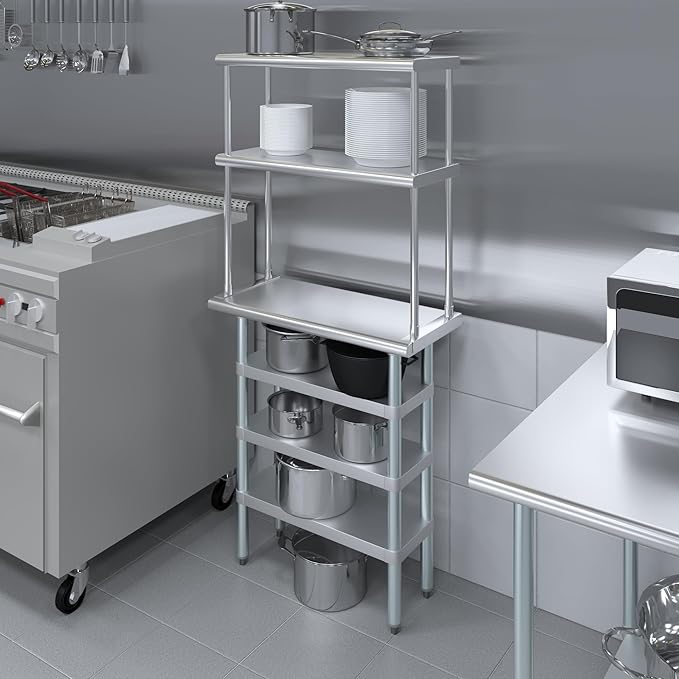 Amgood 14" x 30" Stainless Steel Work Table with 3 Shelves and 12" Wide Double Tier Overshelf | Metal Kitchen Prep Table & Shelving Combo | NSF