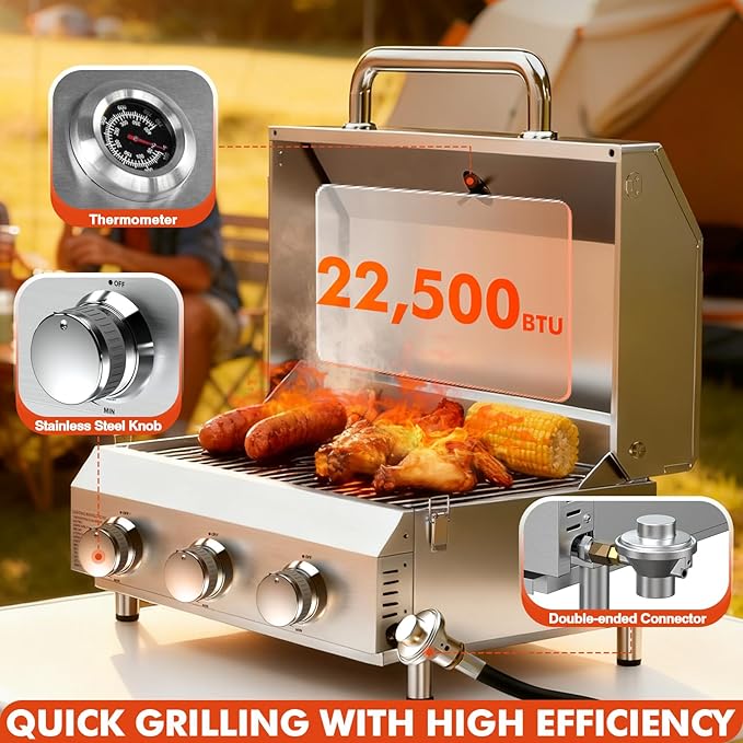Llamaviva 3 Burner Gas BBQ Grill with Dual Fuel Adapter,22500 BTU Stainless Steel Tabletop Portable Grill for Outdoor Barbecue Camping Cooking RV
