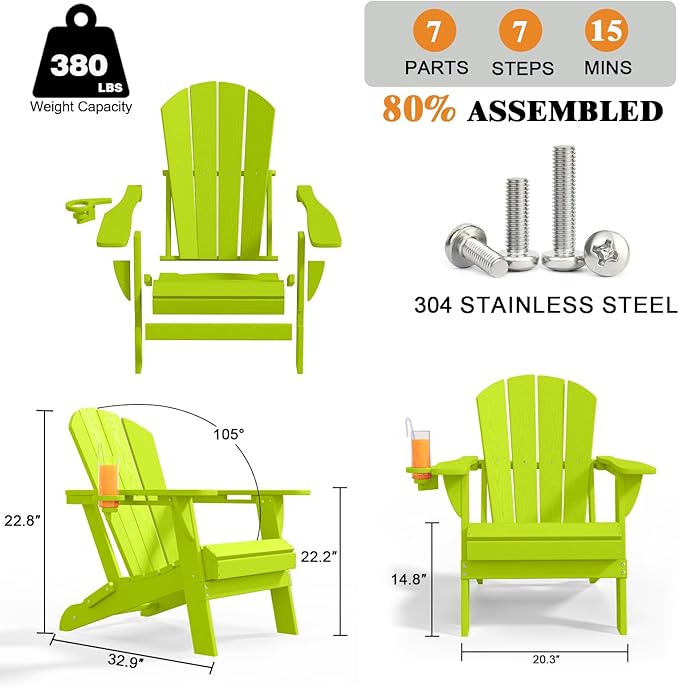 Folding Adirondack Chair with Cup Holders Set of 2, HDPE Plastic Outdoor Chairs, Weather Resistant, Real Wood Look for Patio, Deck, Fire Pit, Backyard, Apple Green