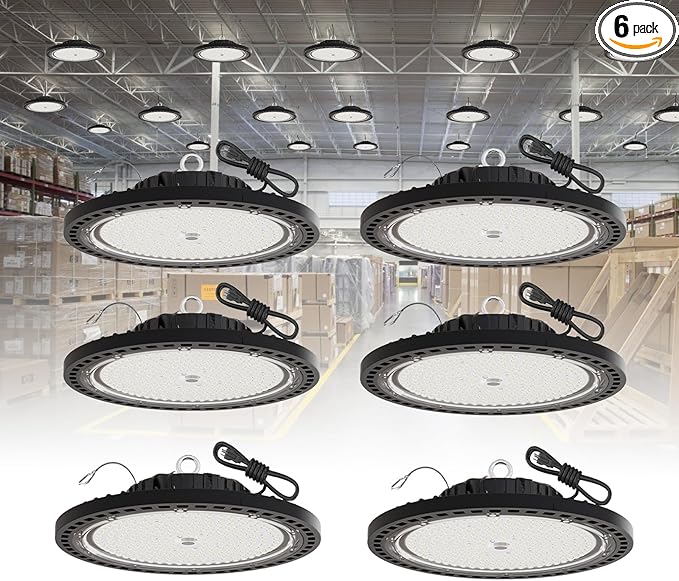 6 Pack UFO LED High Bay Light 250W, 35000 LM, 5000K with 5ft Power Cord, US Plug, Bright LED Shop Light for Basement Commercial Factory Garage Lighting, IP66 Waterproof, AC110-277V, ETL Listded