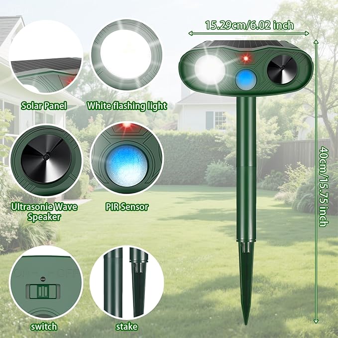 4Pack 2025 Solar Ultrasonic Animal Repellent Outdoor Cat Repellent Devices with Motion Detection&Flash Light Squirrel Rabbit Dog Cat Deterrent,Keep Rodent Chipmunk Raccoon Deer Away for Yard Garden
