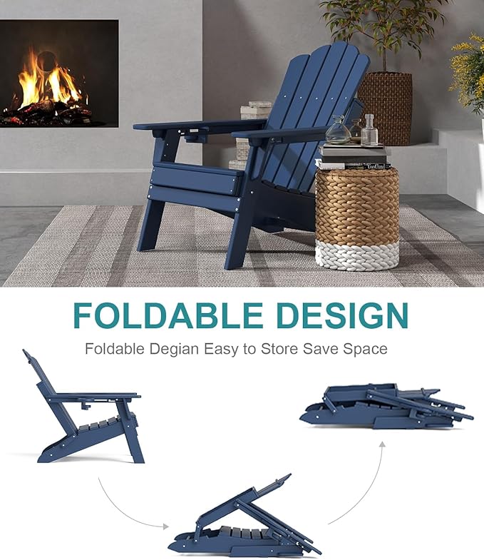 FOOWIN Adjustable Adirondack Chair, Folding Adirondack Chair with Cup Holder, HDPE All-Weather Fire Pit Chair with 3 Recline Positions, Suitable for Patio, Garden, Backyard, Poolside,Navy Blue