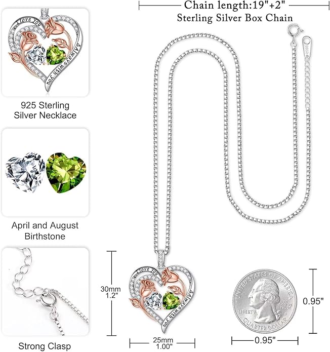 Iefil Christmas Gifts for Women Wife - 925 Sterling Silver Rose Heart Birthstone Necklace Birthday Anniversary Jewelry Gifts for Her Wife Mom Daughter