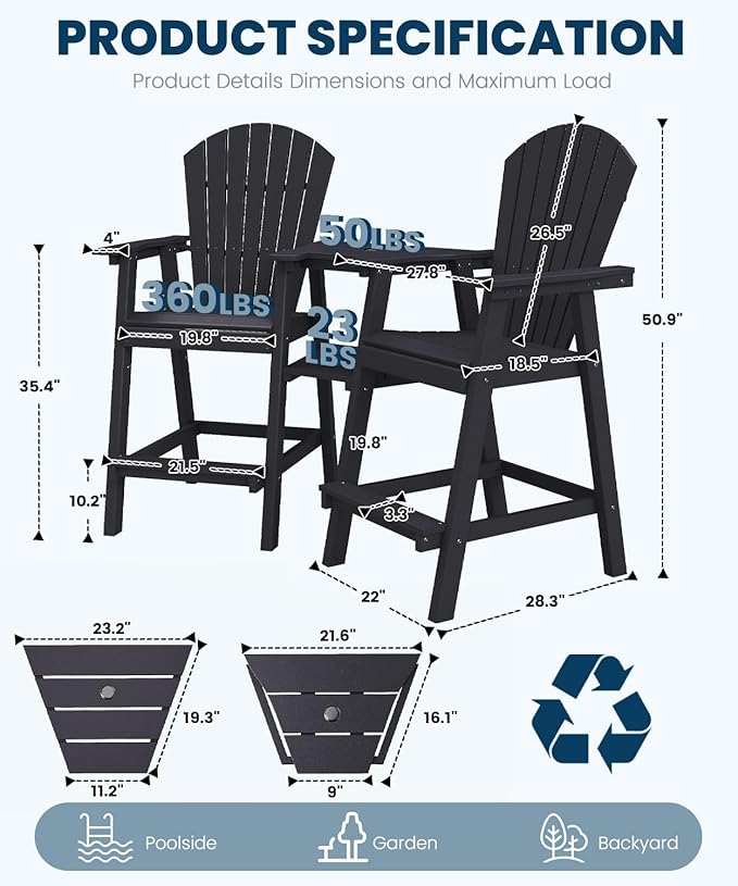 FOOWIN Tall Adirondack Chair Set of 4, All Weather HDPE Bar Height Adirondack Chair with Double Connecting Trays, Adirondack Barstools for Balcony, Deck, Backyard, Patio, Garden Black