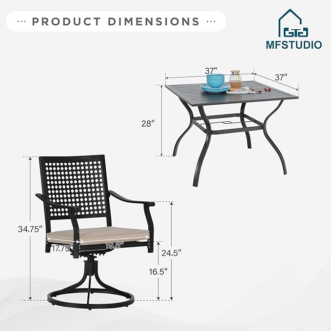 MFSTUDIO 5 PCS Patio Dining Sets with 4 Swivel Chairs and 1 Square Metal Table with Umbrella Hole, Outdoor Furniture for 4, Black