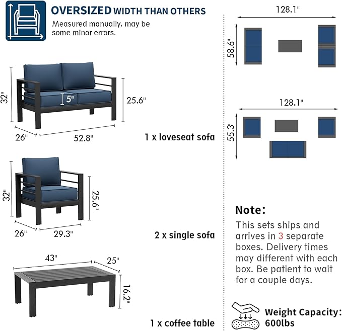 UDPATIO 4 Piece Patio Furniture Set Aluminum Outdoor Furniture Modern Patio Set, Thickness 5" Cushion Outdoor Seating Set for Balcony(Include Sofa Cover)