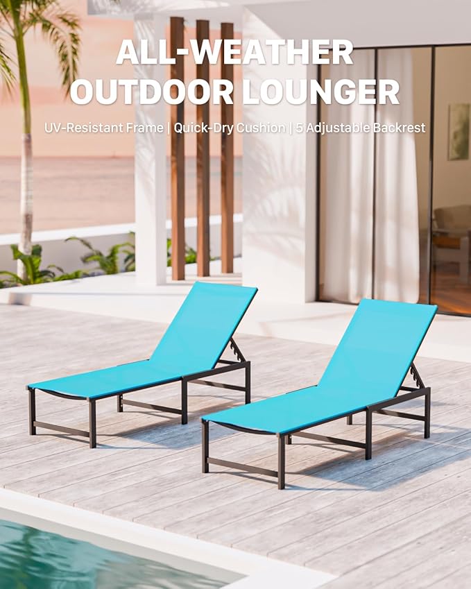 Chaise Lounge Chair Outdoor,Aluminum Patio Lounge Chairs Set of 2, Adjustable 5-Position Recliner and Full Flat Tanning Chair with Pillow for Pool, Outside,Beach,Blue