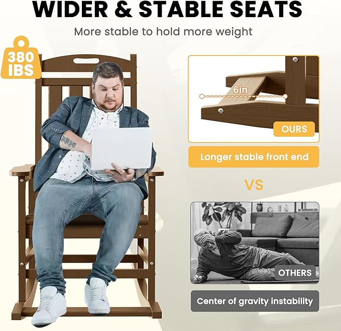 LOUNZY Outdoor Rocking Chair, HDPE Patio Rocking Chair with Footboard for Adults, All Weather Heavy Duty Front Porch Rocker, Brown