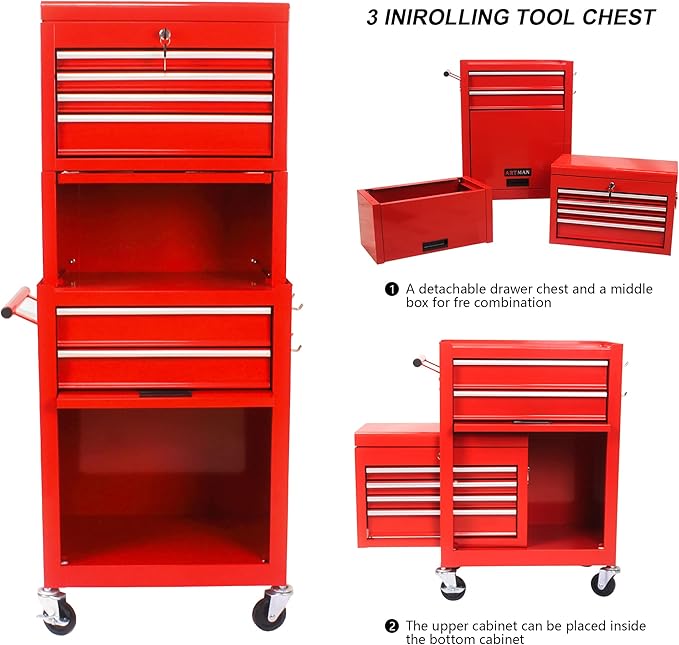 6 Drawers Rolling Tool Box Organizer,2 Tier High Capacity Tool Chest with Wheels,Lockable Rolling Tool Chest with 2 Cabinet,Detachable Tool Box Workshop Storage Cabinet (2 Tier-6 Drawers(Red))