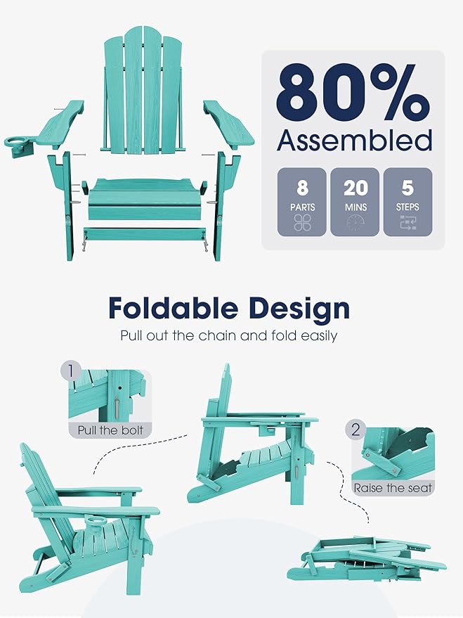 KINGYES Adjustable Folding Adirondack Chair Set of 4, 3-Position Reclining Adirondack Chairs with Cup Holder, HDPE All-Weather Oversized Adirondack for Outdoor, Patio, Deck, Fire Pit, Aruba Blue