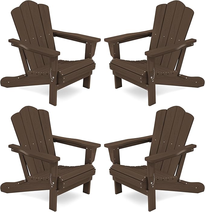 KINGYES Folding Adirondack Chair Set of 4, HDPE All-Weather Folding Adirondack Chair, Coffee