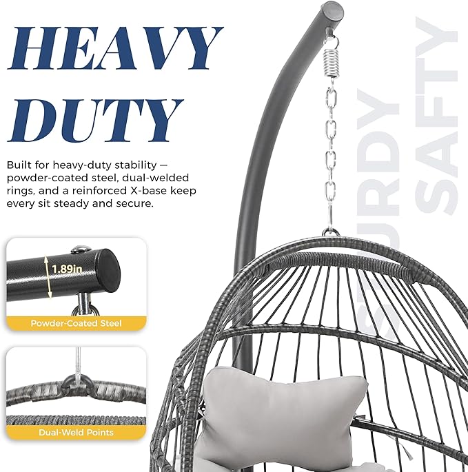 BLUEXYARD Heav-Duty Wicker Egg Chair Outdoor with Stand, 350 Lbs Rattan Patio Swing Chair with Cozy Cushion, Modern Foldable Eggshell Hanging Hammock Seat for Balcony Garden Bedroom, Light Grey