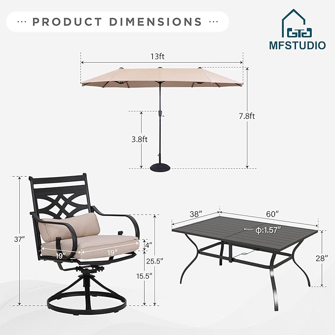 MFSTUDIO Outdoor Dining Set for 6, Patio Furniture Set with Umbrella, Patio Dining Set for Deck Poolside Backyard Garden, Navy Umbrella (Umbrella Base Not Included)