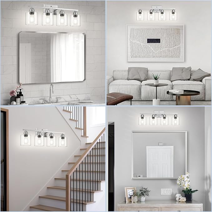 Modern Brushed Nickel 4 Light Bathroom Light Fixtures, 24 inch Vanity Lights for Bathroom with Clear Glass, Vanity Light for Mirror Kitchen Living Room Hallway Cabinet Porch