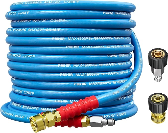 POHIR Pressure Washer Hose 50FT 3/8" for Cold & Hot Water (Up to 248℉) 4800 PSI Kink Resistant Industrial Grade Steel Wire Braided QC Ends with 2 M22-14mm to 3/8" Adapters for Professional and Home