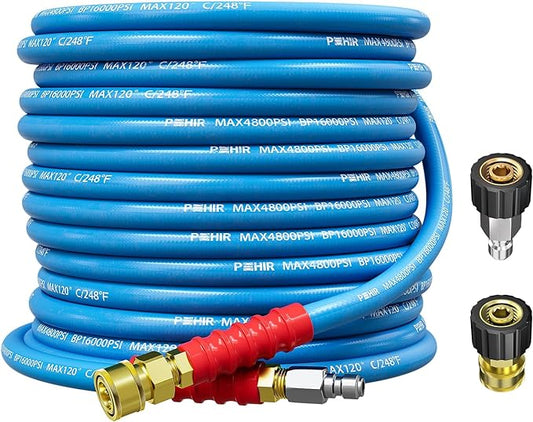 POHIR Pressure Washer Hose 50FT 3/8" for Cold & Hot Water (Up to 248℉) 4800 PSI Kink Resistant Industrial Grade Steel Wire Braided QC Ends with 2 M22-14mm to 3/8" Adapters for Professional and Home