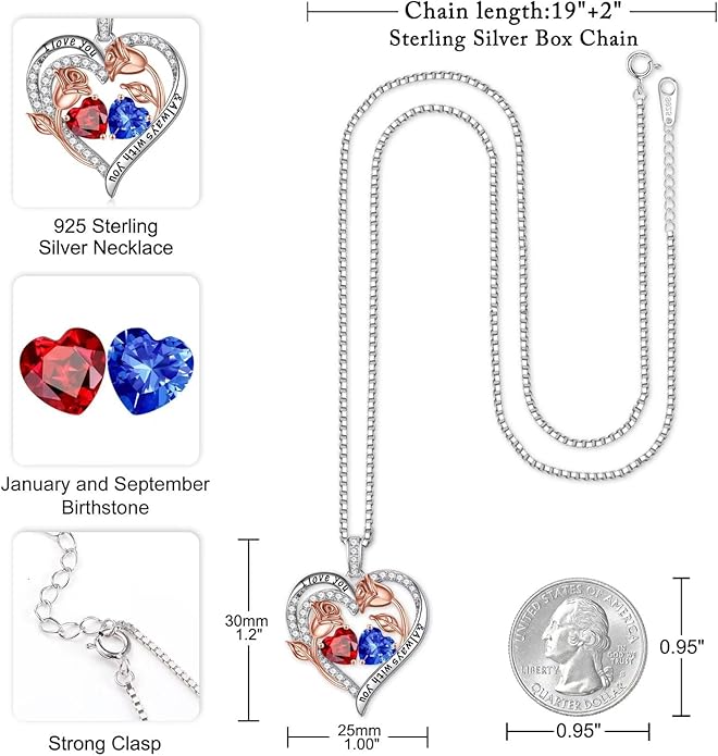 Iefil Christmas Gifts for Women Wife - 925 Sterling Silver Rose Heart Birthstone Necklace Birthday Anniversary Jewelry Gifts for Her Wife Mom Daughter