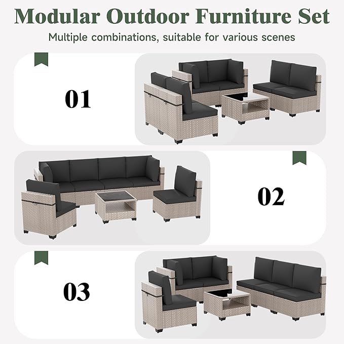 14 Pieces Patio Furniture Set, Outdoor Sectional Wicker Sofa with Thick Cushions and Storage Coffee Table, Rattan Patio Conversation Sets for Deck Yard Poolside, Black