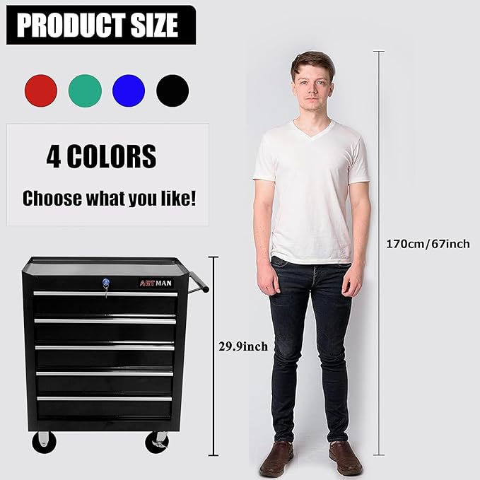 5-Drawer Tool Cart on Wheels, Rolling Tool Chest Storage, Trolley Organizer for Garage, Warehouse, Workshop, Repair Shop (5 Large Drawers-29.3"H-Black)