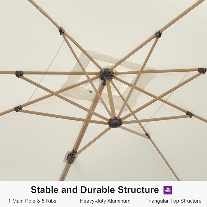 PURPLE LEAF 9' x 12’ Rectangle Patio Cantilever Umbrella Large Hanging Umbrella Teak Finished Aluminum Frame Windproof Offset Outdoor Sun Umbrellas for Beach Pool Deck, Cream
