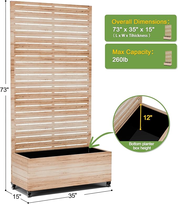 FENCY Metal Raised Garden Bed with Wheels and Trellis,73"x35"x16" Planter Box for Climbing Plants, Vegetables & Vines, Features Privacy Screen and Drainage Holes (Acacia Wood Finish)