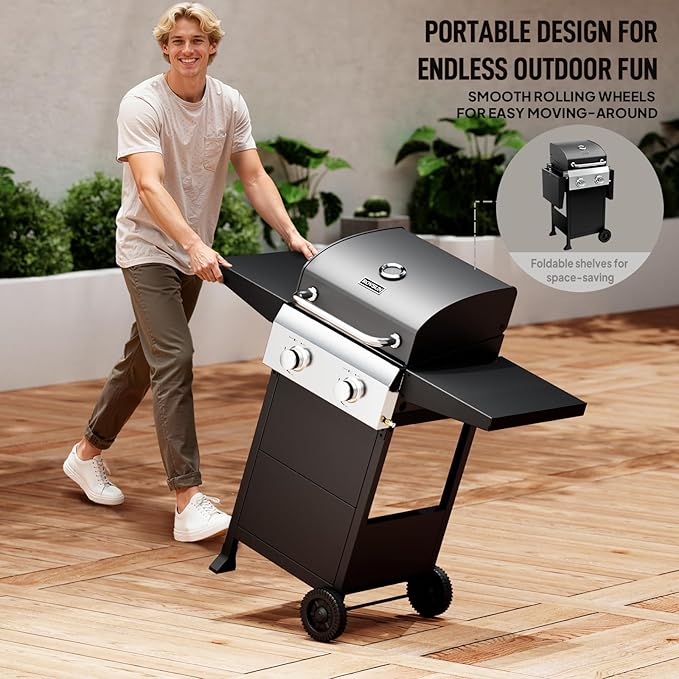 ROVSUN 2 Burner Propane Gas Grill with Foldable Side Shelves, 24000BTU BBQ Grills with Enameled Cast Iron Grates, Cabinet & Poratable Rolling Wheels for Outdoor Garden Patio Backyard Barbecue Cooking