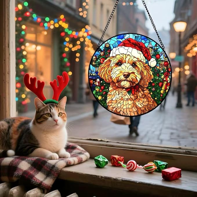 Stained Glass Window Hanging - Christmas Tree and A Dog Wearing a Xmas Hat Suncatcher fof Garden Home Decor for Women Mon Grandma Friends