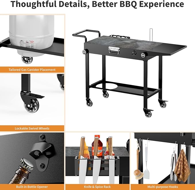 Portable Grill Cart for Blackstone Griddle, 440lb Foldable Outdoor Grill Table with Wheels for Ninja, 31" W x 17" D Blackstone Griddle Stand with Caddy Fit 17” or 22”, Black
