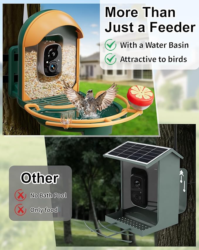 Bird Feeder with Camera, Smart Birdfeeder with Cam Solar Powered, 2K HD Video, AI Identification, Instant Arrival Alerts, IP66 Bird Bath & Feeder,Gift for BirdLover (with BirdBath, Dark Green)