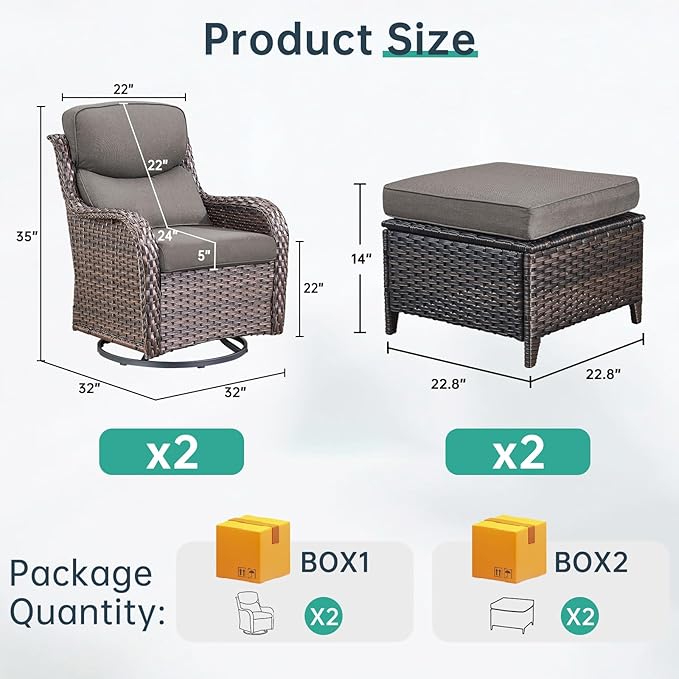 Outdoor Swivel Rocker Patio Chairs with 2 Ottomans - 5" Thick Cushion 4 Piece Furniture Set All Weather Comfortable Wicker Conversation Set for Porch Poolside and Deck - Brown/Gray