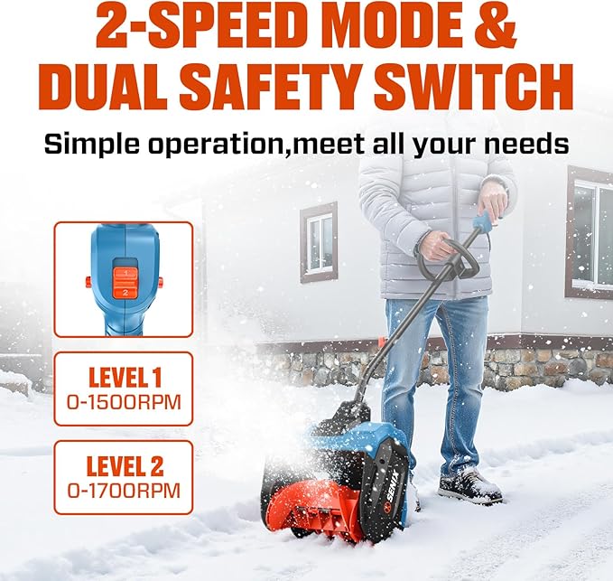 SENIX 2X2 40V Max Cordless Snow Shovel, 13" Width, 6" Depth, 20Ft Max Throw Distance,Variable Speed, Plows 375lbs/Min, 8000mAh Batteries and Charger