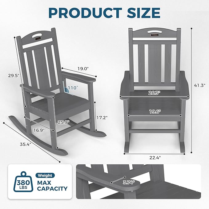 Ciokea Outdoor Rocking Chairs Set of 4, HDPE Porch Rocking Chairs for Outside, All-Weather Comfortable Patio Front Rockers for Deck Balcony, Grey