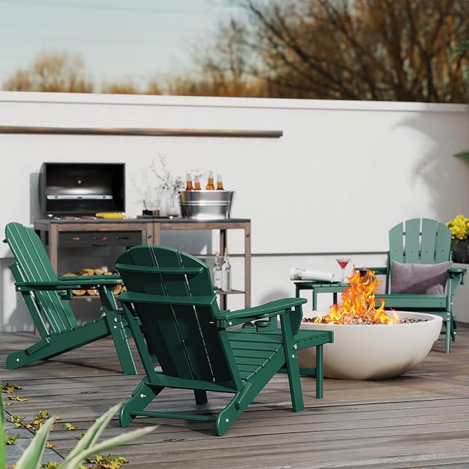 GREENVINES Adjustable Adirondack Chair with Retractable Ottoman Set of 2 | Folding | HDPE Plastic | Fire Pit Chairs w/Foot Rest | 2 Cup Holders | Forest | for Outdoor Patio Poolside Deck