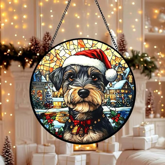 Stained Glass Window Hanging - Christmas Dog on Snowy Streets Suncatcher fof Garden Home Decor for Women Mon Grandma Friends