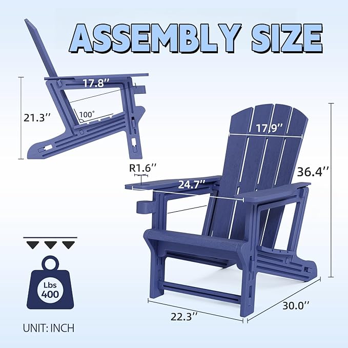 Adirondack Chairs Set of 6,Adirondack Chair with Cup Holders,Wooden Textured Plastic Fire Pit Chair,All-Weather Outdoor Patio Chairs for Lawn,Backyard Deck, Porch,400LBS Heavy-Duty,Navy Blue