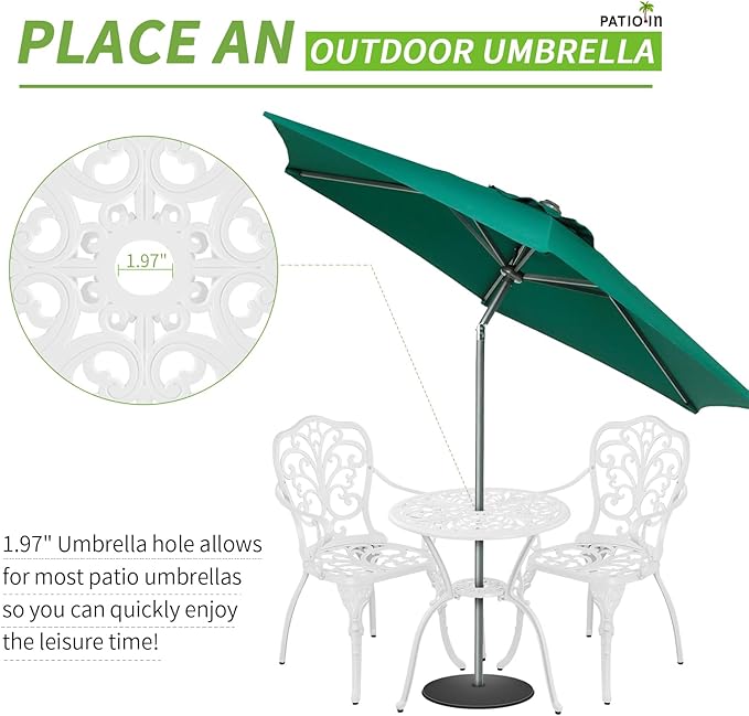 3 Piece Patio Bistro Set Cast Aluminum Bistro Table Set,All Weather Outdoor Dining Set with Umbrella Hole for Porch, Lawn, Garden, Backyard, Pool (White)