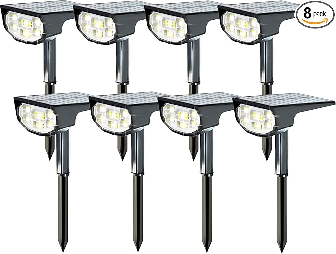 Solar Spot Lights Outdoor IP68 Waterproof, Ultra-Bright Performance，Simple Modes for Easier Operation, Auto On/Off，Solar Powered Landscape Lights for Garden, Yard, Pathway (Cool White, 8 Pack)