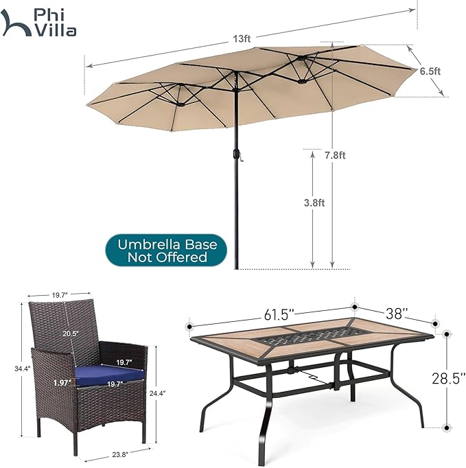 PHI VILLA 7 Piece Outdoor Dining Set with Umbrella, Rectangular Wood Top Metal Dining Table & Cushioned Wicker Chairs & 13ft Large Beige Umbrella for Patio, Deck, Yard