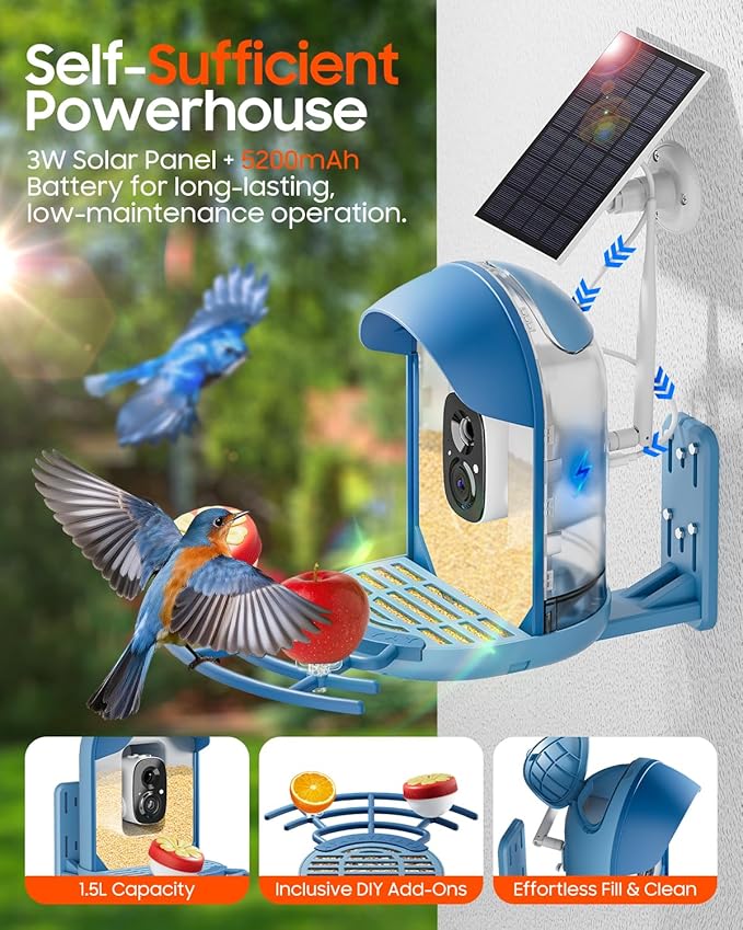 Bird Feeder with Camera, Smart Birdfeeder with Cam Solar Powered, 2K HD Video, AI Identification, Instant Arrival Alerts, IP66 Bird Bath & Feeder,Gift for BirdLover (with Stand, Blue)