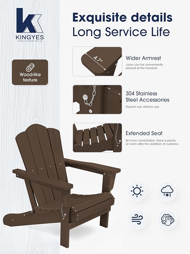 KINGYES Folding Adirondack Chair Set of 6, HDPE All-Weather Folding Adirondack Chair, Coffee