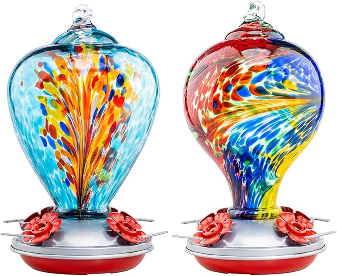 Muse Garden Gifts for Women Glass Hummingbird Feeder for Outdoors Hanging, Birthday Mother‘s Day Christmas Valentine Hummingbird Gifts for Women Mom, Ant Moat Included, 2 Pack, Comet and Nebula