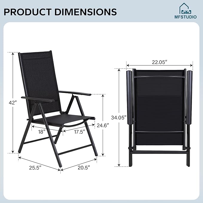 MFSTUDIO Patio Folding Chairs Set of 4, Outdoor Patio Dining Chairs, Portable Black Sling Patio Chairs, 7 Levels Adjustable Sling Back Chairs for Backyard Lawn Garden