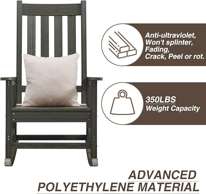 Outdoor Rocking Chair Set of 4, HDPE Oversized Patio Rocking Chairs, Weather Resistant, 350lbs Heavy Duty Porch Rocker with High Back for Backyard, Fire Pit, Garden and Indoor (Dark Brown)