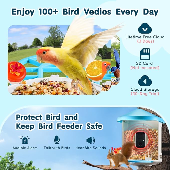 VEVOR Bird Feeder with Camera Solar Powered, Smart Bird Feeder with 3 Solar Panels, Wireless Video Birdfeeder with AI Identify, 2K Full HD, Auto Detect & Notify, Ideal Gift for Bird Lover